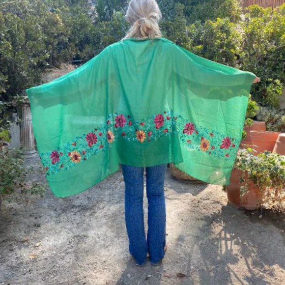 Large Embroidered Scarf, Green, Fringed, Soft scarf, pink,green,red, flowers - Picture 2 of 4